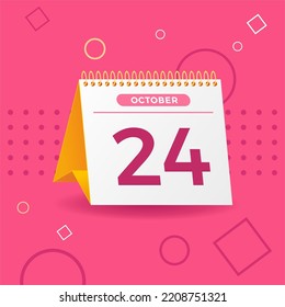 White and yellow calendar on pink background. 24th of october. Vector. 3D illustration.