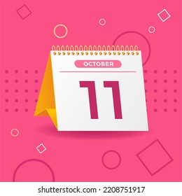 White and yellow calendar on pink background. 11th of october. Vector. 3D illustration.