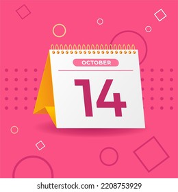 White and yellow calendar on pink background. 14th of october. Vector. 3D illustration.