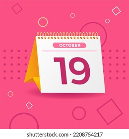 Calendario blanco y amarillo sobre fondo rosado. 19 de octubre. Vector. Ilustración 3D.