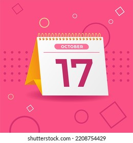 White and yellow calendar on pink background. 17th of october. Vector. 3D illustration.