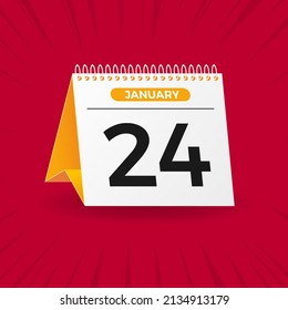 White and yellow calendar on red background. January 24th. Vector. 3D illustration