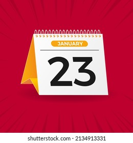 Calendario blanco y amarillo con fondo rojo. 23 de enero. Vector. ilustración 3D