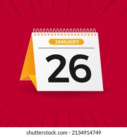 White and yellow calendar on red background. January 26th. Vector. 3D illustration.