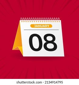 White and yellow calendar on red background. January 8th. Vector. 3D illustration