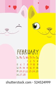 White and yellow cat on a pink background with hearts. From cat lovers. February Calendar