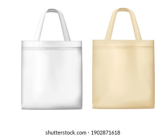 White and yellow cloth cotton bag for eco shopping realistic canvas tote bag vector illustration on white background