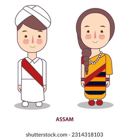white and yellow color assamese traditional sari dress native tribe form india boy and girl couple costume wearing apparel