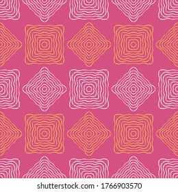 Color blanco y amarillo de forma cuadrado arte de línea sin fisuras de patrón plano sobre fondo magenta para papel pintado, embalaje y textil. Resumen de tela interminable geométrica contemporánea para la cubierta de un bloc de notas.