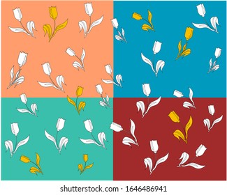 White and yellow contour tulips amid large colored squares. Seamless pattern, vector illustration