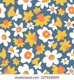 White and yellow Daffodil spring flower pattern on blue background