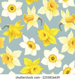 White and yellow daffodils vector seamless pattern