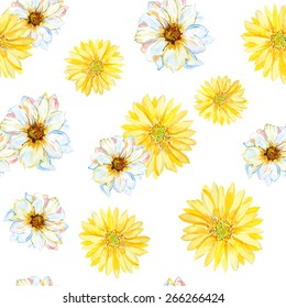 White and yellow daisies on the white background. Watercolor seamless pattern with flowers.