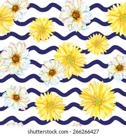 White and yellow daisies on the wavy striped background. Watercolor seamless pattern with flowers.