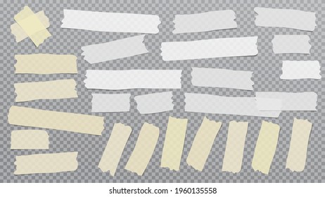 White and yellow different size adhesive, sticky, masking, duct tape, paper pieces are on grey squared background