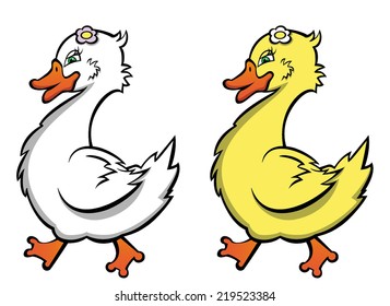 White and yellow duck standing in profile and they flower in the feathers