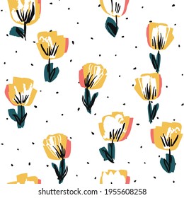 Patrón sin inconvenientes de vectores dibujados con flores blancas y amarillas. Fondo de la luz de la flor. Ilustración de dibujo de San Valentín. Diseño Decorativo Peony.