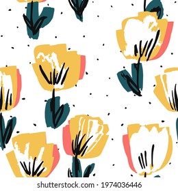 White and Yellow Flower Drawn Vector Seamless Pattern. Blossom Fashion Template. Light Marker Illustration. Tulip Wedding Design.