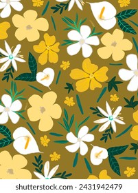 White and yellow flowers patterns with green leaves on yellow background for branding, fabric print, wallpaper, social media post, doodle, notes, book covers, wall decor.