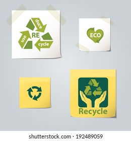 White and yellow folded paper set collections with recycling ecological symbols. Vector illustration.