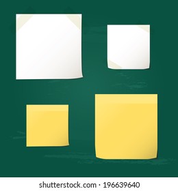 White and yellow folded paper set collections and element for attaching paperclip. Isolated on green chalkboard background.Vector illustration.