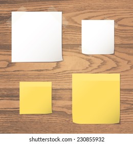White and yellow folded paper set collections isolated on realistic natural plank wood texture background. vector illustration 