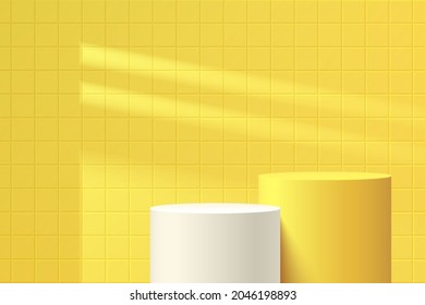 White, Yellow geometric pedestal podium in empty room with window shadow. Vector abstract studio room with 3D platform design. Modern minimal scene for cosmetic products. Showcase, Promotion display.