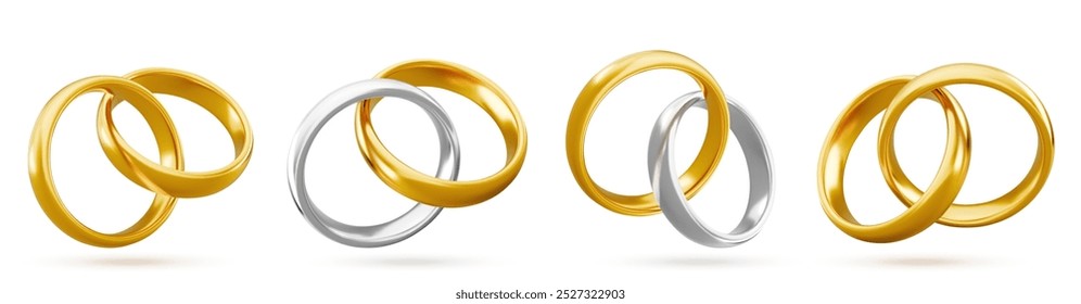 White and yellow gold wedding couple jewelry rings. Realistic 3d vector illustration set of two golden and silver marriage jewel elements united together. Pair of bride and groom engagement bands.