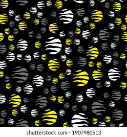 White, yellow and gray circles with textures on a black background. Seamless pattern. Vector design for fabric, packaging, paper.