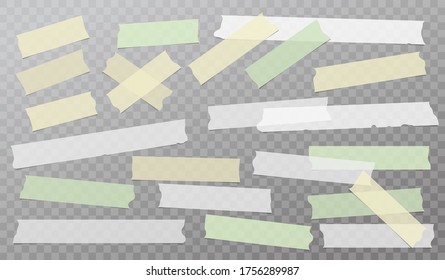 White, yellow and green different size adhesive, sticky, masking, duct tape, paper pieces are on dark squared background