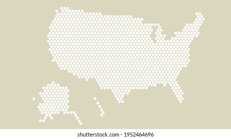 White and yellow hexagonal pixel map of USA. Vector illustration United States hexagon map dotted mosaic. America administrative border, land composition.