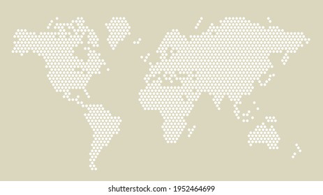 White and yellow hexagonal pixel world map. Vector illustration planet Earth continents hexagon map dotted mosaic. Administrative border, land composition.