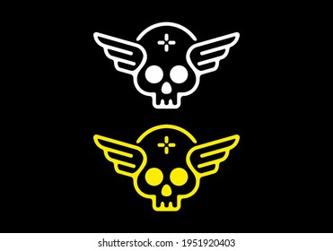 White and yellow illustration of skeleton head with dark background design