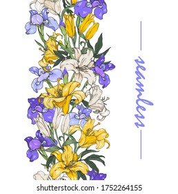 White and yellow lilies and blue irises, seamless decorative pattern, vector illustration 
