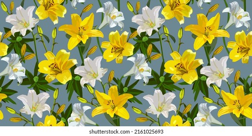 White and yellow lily flowers vector seamless pattern