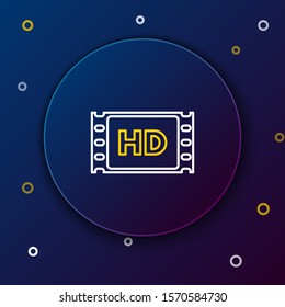 White and yellow line 4k movie, tape, frame icon isolated on dark blue background. Colorful outline concept. Vector Illustration