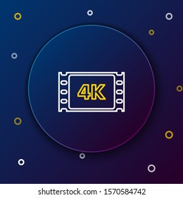 White and yellow line 4k movie, tape, frame icon isolated on dark blue background. Colorful outline concept. Vector Illustration