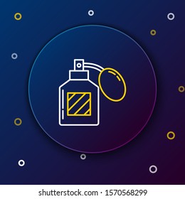 White and yellow line Aftershave icon isolated on dark blue background. Cologne spray icon. Male perfume bottle. Colorful outline concept. Vector Illustration