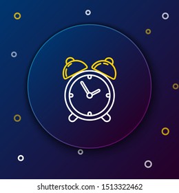 White and yellow line Alarm clock icon isolated on dark blue background. Wake up, get up concept. Time sign. Colorful outline concept. Vector Illustration