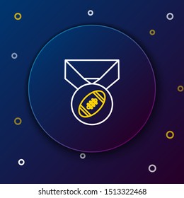 White and yellow line American Football ball with medal icon isolated on dark blue background. Colorful outline concept. Vector Illustration
