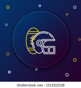 White and yellow line American Football ball and helmet icon isolated on dark blue background. Set of sport equipment. Colorful outline concept. Vector Illustration