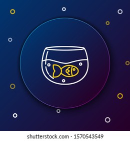 White and yellow line Aquarium with fish icon isolated on dark blue background. Round glass aquarium. Aquarium for home and pets. Colorful outline concept. Vector Illustration