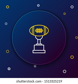 White and yellow line Award cup and American football ball icon on dark blue background. Winner trophy symbol. Championship or competition trophy. Colorful outline concept. Vector Illustration