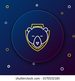 White and yellow line Bear head on shield icon isolated on dark blue background. Hunting trophy on wall. Colorful outline concept. Vector Illustration