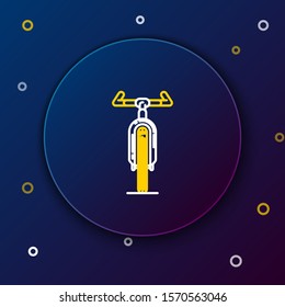 White and yellow line Bicycle icon isolated on dark blue background. Bike race. Extreme sport. Sport equipment. Colorful outline concept. Vector Illustration