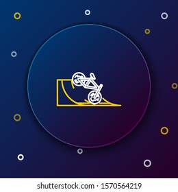 White and yellow line Bicycle on street ramp icon isolated on dark blue background. Skate park. Extreme sport. Sport equipment. Colorful outline concept. Vector Illustration