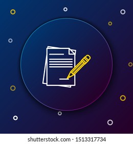 White and yellow line Blank notebook and pencil with eraser icon isolated on dark blue background. Paper and pencil. Colorful outline concept. Vector Illustration