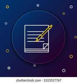 White and yellow line Blank notebook and pen icon isolated on dark blue background. Paper and pen. Colorful outline concept. Vector Illustration