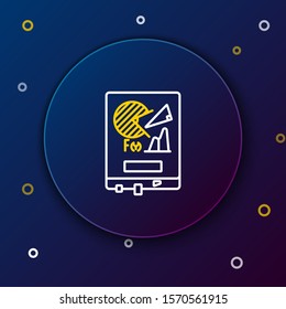 White and yellow line Board with graph chart icon isolated on dark blue background. Report text file icon. Accounting sign. Audit, analysis, planning. Colorful outline concept. Vector Illustration