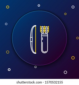 White and yellow line Bow and arrow in quiver icon isolated on dark blue background. Colorful outline concept. Vector Illustration